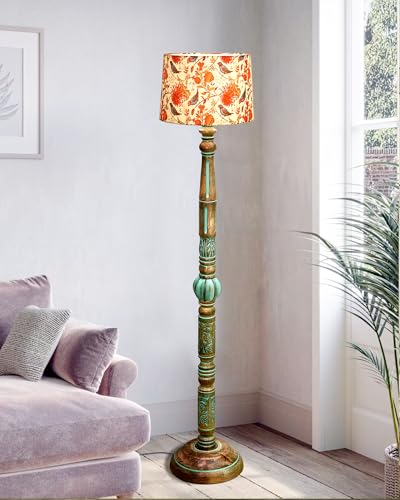 Image of Homesake Royal Carving Antique Algae Finish Wooden Floor Lamp for Living Room | Light Decoration for Home Corner Lamp for Living Room Bedroom | Antique Floor Light, Twisted Ropes Shade, Bird