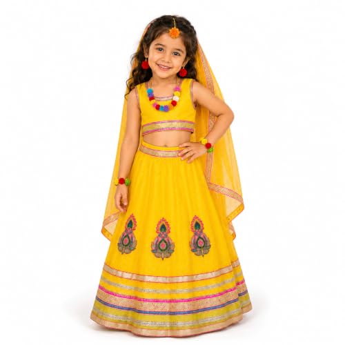 Image of Sarvda Krishna & Radha Dress for Kids - Complete Janmashtami Costume Sets with Dhoti /Lehenga, Mukut, Mor Pankh, Bansuri & Accessories | Fancy Dress for Baby Boys & Girls