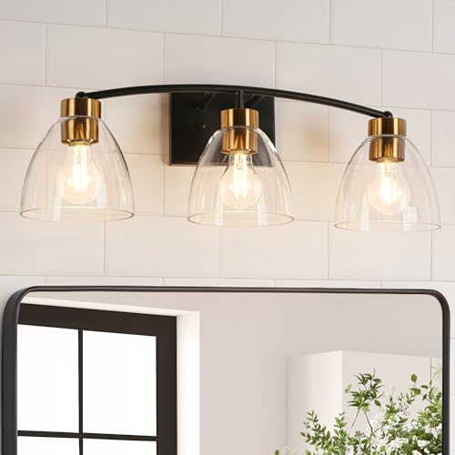 Image of KSANA Bathroom Light Fixtures, 3-Light Black and Plating Brass Vanity Lights for Bathroom, 22.8'' Modern Farmhouse Bathroom Lighting Lights Over Mirror with Clear Glass Shade