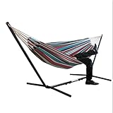 IKARE Double Hammock with Stand, 2 Person Hammock with Reversible Pad and Cotton Rope Hammock, 440 lbs Capacity, 9-11 FT Free-Adjustment Space Saving Steel Stand Includes Portable Carrying Bag.