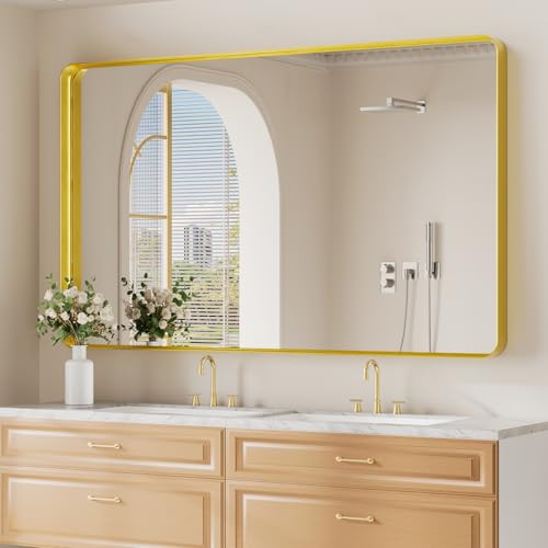 Koonmi Gold Wall Mirror for Bathroom 36x60 Inch Matte Deep Framed Rounded Rectangle Vanity Mirror for Farmhouse Living Room Tempered Glass Anti-Rust Vertically or Horizontally