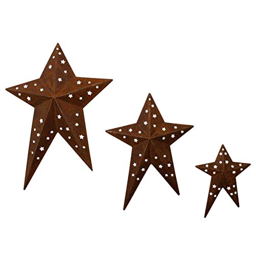CVHOMEDECO. Primitives Rustic Vintage Gifts Estrellas de Granero de Metal Perforadas para decoración de Pared / Coronas / ramitas, 20,3 / 15,2 / 10,2 cm, Juego de 3, Oxidado Cover