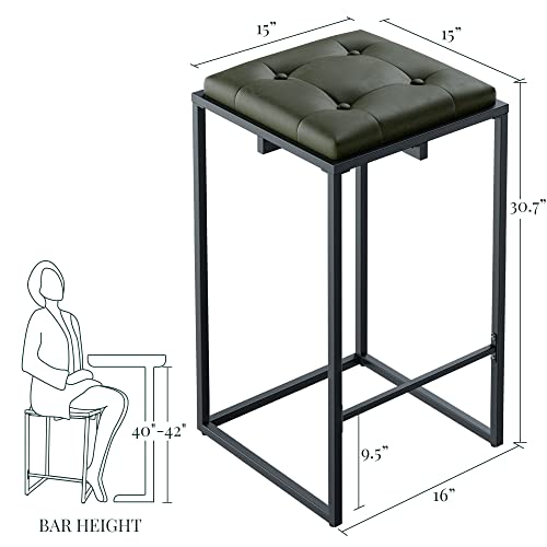 Aurorome Modern Bar Stools Set Of 2, Metal Frame Square Backless Bar Chairs With Tufted Faux Leather Upholstery, Kitchen Island Stools For Counter/Home Bar/Pub, 30 Inch, Green #TOP1