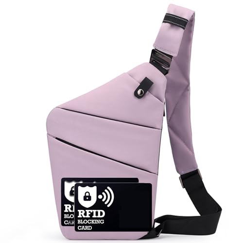 Image of Anti Theft Crossbody Bags for Women Men, Multi-Pocket Shoulder Bag, Slim Sling Purse with 2 RFID Blocking Card (Right Shoulder-Purple)
