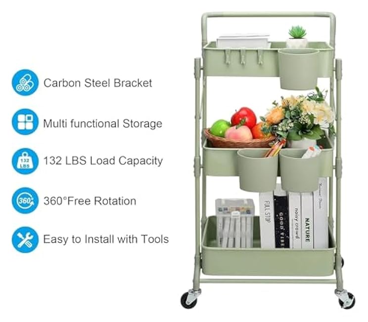 ´¢Îï³µ Foldable 3-Tier Metal Rolling Cart - Collapsible Storage Trolley with Wheels, Space Saving Utility Organizer for Kitchen, Bathroom, Dorm, Office, Closet-IoXorxLa