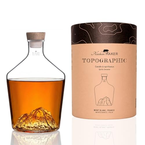 Carafe à spiritueux 1,2L – Verre borosilicate soufflé artisanalement avec montagne en relief 3D | Bouchon bois & liège, design premium | TOPOGRAPHIC (Mont Blanc)
