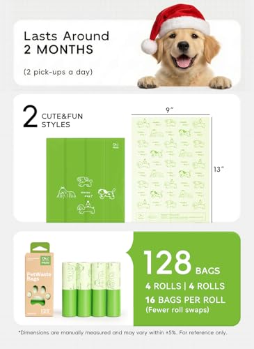 Image of Dog Poop Bags, 128 Count, Unscented, Green | Fragrance-Free Formula, Extra Thick, 60% Recycled Plastic, 16 Bags Per Roll, Dual Green Designs, Easy-Peel Sticker