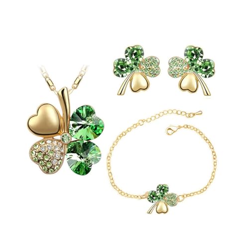 Auriselle Señoras Joyería Set Trébol de Cuatro Hojas de la Suerte Pendientes Collar Pulsera 3 Piezas Mujeres Joyería con Zirconia Cúbico Regalos de Boda para Damas, Verde