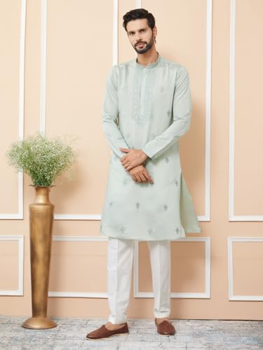 Image of See Designs Men's Long Sleeve Mandarin Collar Side Slit Off-White Embroidered Chanderi Silk Straight Kurta