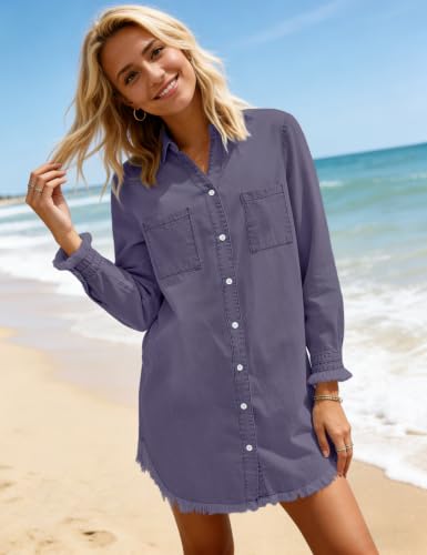 Image of Zilcremo Women Denim Dress Long Sleeve Button Down Jean Shirt | Chambray Casual Tunic Top,Distressed,Fringe Hem,Loose Fit,Mini Length,Country Concert Outfits,Daily Wear,for Spring and Fall