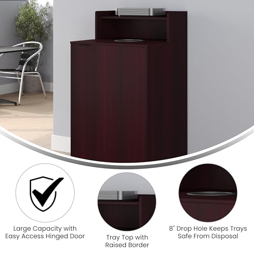 Image of Flash Furniture Dell Trash Can Enclosure with Tray Shelf and 8 inch Drop Hole, Commercial Grade Trash Receptacle for 32 Gallon Round Cans, Swing Door Access, Mahogany