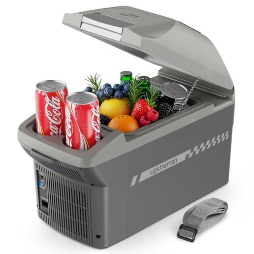 Upstreman Kompakte 9L Elektrische Kühlbox mit Heizfunktion, Mini Kühlschrank kühlt & wärmt, 3kg Leichtbau mit Tragegurt, 12/24V & 220-230V Betrieb, für Reisen, Camping & Büro, Grau-AR09