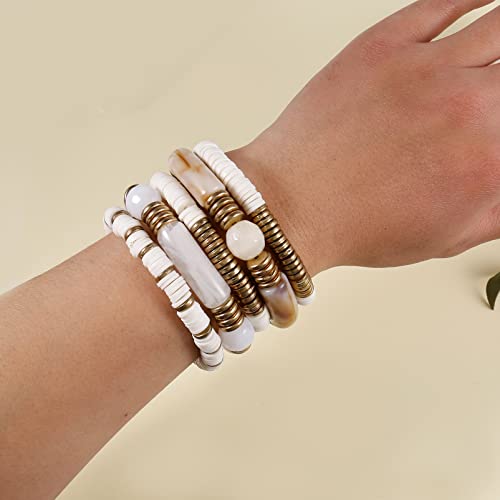 White Bamboo Tube Bangles Bracelet Chunky Curved Stacking Clear Acrylic Colorful Beads Stretchable Friendship Gold Bracelets Gifts For Bestfriends, Couple, Family Members, Siblings, Sister, Lover #TOP2