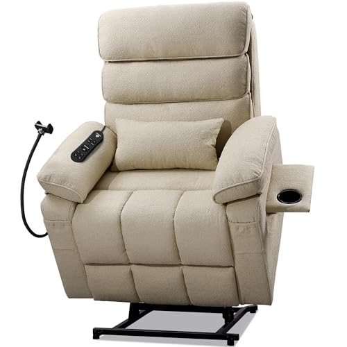 Image of Dual Motor Power Lift Recliner Chair, Medium-Wide, White Fabric