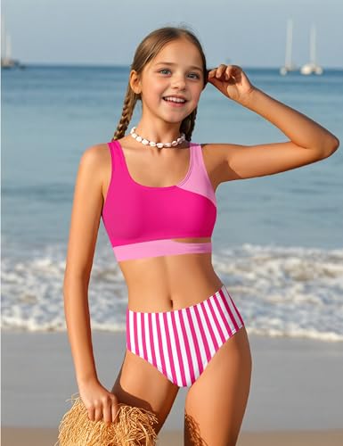 Image of BAVADER Girls Swimsuit Stripe Bathing Suit Color Block Sporty Bikini Swimsuits Swim Cover Up Skirt 3 Piece Set