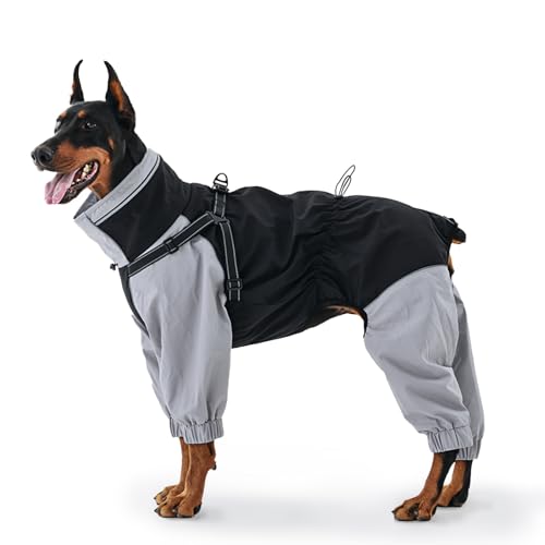 IECOii Dog Raincoat with Built-in Harness, Waterproof & Windproof 4-Leg Rain Jacket with Hidden Hood, Reflective & Adjustable Rain Gear for Medium Large Giant Dogs – Ideal for Outdoor Walkin