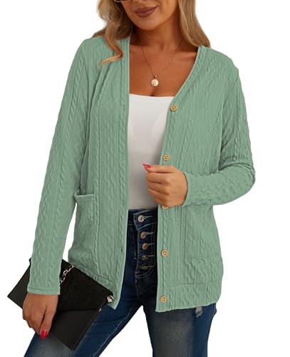 GRECERELLE Womens Cardigan Long Sleeve Cable Cardigans Button Down V Neck Ribbed Knit Outerwear Tops with Pocket for Ladies (Grey Green, L)