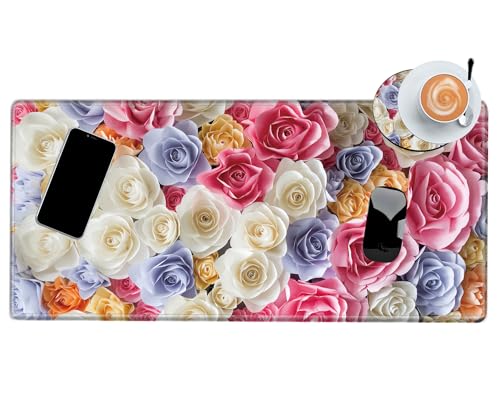 Image of XL Mouse Pad Gaming Desk Mat for Desktop Extended Mousepad Pink Rose Desk Pad 24x12 Computer Mat Large Mouse Pads for Wireless Mouse Office Laptop Accessories Gift
