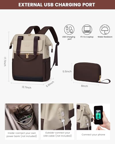 Image of LOVEVOOK Laptop Backpack for Women, 15.6 Inch Work Laptop Bag with USB Port, Fashion Teacher Nurse Backpack Purse, Waterproof Travel Computer Backpack with Organizer Bag, 2PCS, Apricot-Coffee