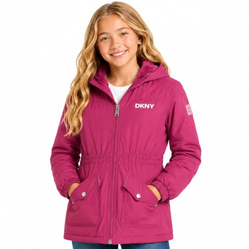 DKNY Girls Midweight Jacket - Cozy Sherpa Fur Lined Water Resistant Hooded Anorak Windbreaker Zip Up Jacket for Girls Size 4 Sedona Rose
