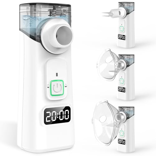 YIKANWEN Aerosol Portatile Silenzioso, Macchina Aerosol per Adulti e Bambini, 5μm MicroParticelle, Autopulente, Display LED, Dotato di 2xMaschere e Boccaglio, USB-C (Grigio)