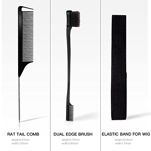Hair Comb And Elastic Band For Wig Edge, Adjustable Lace Melting Band Wrap To Lay Edges And 2 Rat Tail Comb Stying Combs Braiding Combs For Parting 1 Dual Edge Brush With 4 Hair Clip (Black) #TOP2