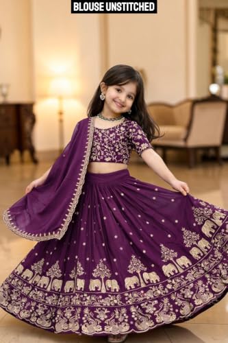Image of Kids Chiffon Lehenga Choli, Embroidered Elephant and Floral Print, Festive Ethnic Wear with Dupatta