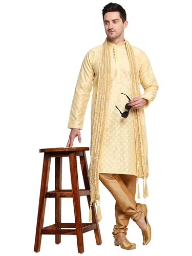 Men's Tunic Art Silk Kurta Pajama Pyjama Dupatta Set with Embroidery Zari Work Indian Clothing Dress Gifts Items4
