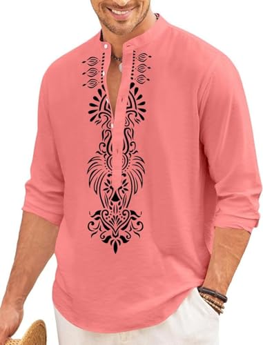 Image of FINIVO FASHION Men's Cotton Blend Short Kurta with Bold Printed Front Design | Full Sleeve Ethnic Casual Kurta with Mandarin Collar | Artistic Festival & Travel Wear for Modern Ethnic Style