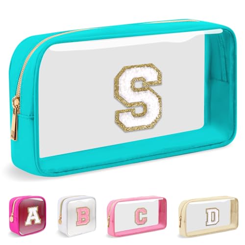 Small Clear Personalized Initial Makeup Bag,Nylon Preppy A-Z Chenille Letter Patch Cosmetic Pouch Beach Toiletry Bag,Waterproof Zipper Travel Purse Storage Bag Organizer for Women Girls(Cyan-White S)