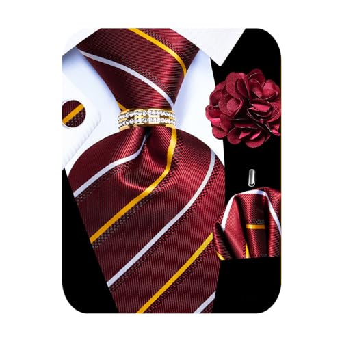 Image of 5PCS Mens Premium Silk Tie, Pocket Square, Cufflinks, Drilled Tie Ring and Lapel Pin Set for Wedding Groom Party