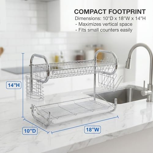 Kitchen Sense Chrome 2 Tier Deluxe Dish Drying Rack with Drain Tray by American Dream Home Goods - Image 3