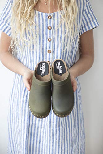 Sandgrens Swedish Low Heel Wooden Clog Mules for Women, US 7-7.5 | Athens Olive DK, EU 38 - Thumbnail 5