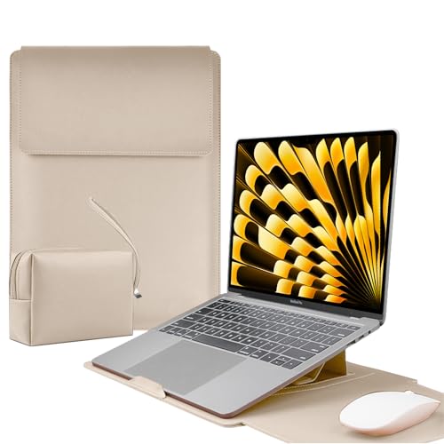 LuFiYa 【3in1】ノートパソコン用スリーブ pcスタンドとマウスパッド付き MacBook Air/MacBook Pro/iPad Air Pro/Surface 12/13/13.3/14/15.6/16インチ Laptop 対応 薄型 PU革パソコンスリーブ ノートPCインナーバッグ 耐衝撃 キズ 防止 撥水加工 電源収納ポーチ付き (13.3-14インチ | カーキ)