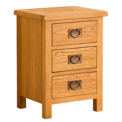 Image of RoselandFurniture Lanner Oak Bedside Table Cabinet | Traditional Rustic Waxed Solid Wood 3 Drawer Side End Nightstand Storage Chest for Bedroom or Bathroom, Fully Assembled