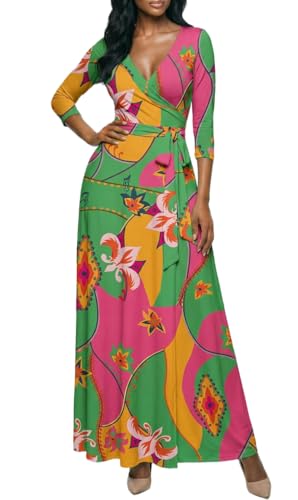 Image of AOMONI Women's Maxi Dresses Summer Casual Wrap Tie Waist Long Dress | Floral Print Dress With Belt,V-Neck 3 /4 Sleeve Empire Waist Wrap Dresses