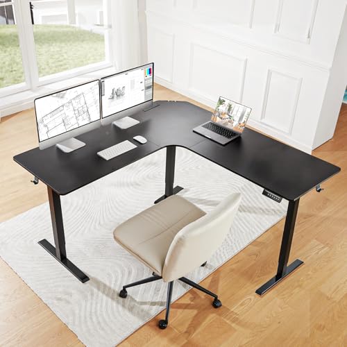Image of HUANUO Electric L Shaped Standing Desk, 63 inch x 63 inch Height Adjustable Corner Standing Desk with Built-in Power Outlets & Power Strip Holder, Sit Stand Up Table with 4 Preset Heights, Black