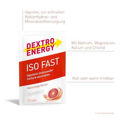 DEXTRO ENERGY ISO FAST RED ORANGE (12x56g Sachets) - Hypotones Elektrolyt Pulver mit Natrium, Magnesium, Kalium und Chlorid, schnelle Kohlenhydrat und Mineralstoff Versorgung, Glutenfrei, Laktosefrei – Bild 2