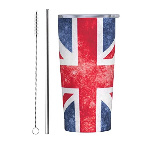 LOUJIN Taza de café de viaje aislada de acero inoxidable de 550 ml, taza de viaje con tapa a prueba de fugas, popote y cepillo para popote, bandera británica vintage de la bandera británica