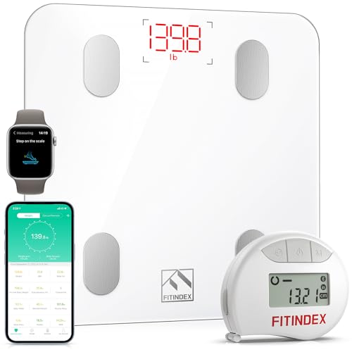 FITINDEX Smart Scale and Tape Measure, Digital Bathroom Scale & Body Tape Measure Sync with APP, Bluetooth Weighing Machine, Body Composition Analyzer