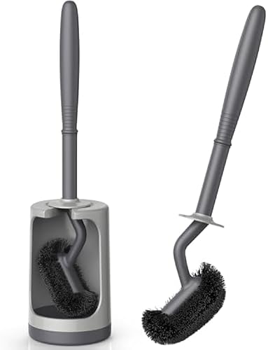 Toilet Bowl Brush Holder Set: Bathroom Deep Cleaning Toilet Cleaner Scrubber Under Rim with Curved Bristle for Dead Corner Clean, Solid Handle and Durable Bristles for Bathroom Cleaning, Gray