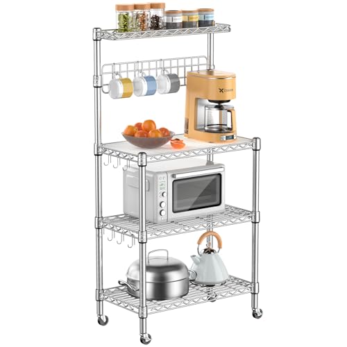 Bakers Rack for Kitchen with Storage, NSF Certified 4-Tier Adjustable Coffee Bar with Wheels 10 S-Hooks Microwave Stand Kitchen Storage Shelf Metal Storage Rack 30 x 14 x 59 Inches, Chrome