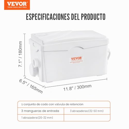 Miniatura 7 de Vevor Bomba Maceradora, 350w, Flujo 6000 L H, Cabezal 7 M, Bomba Maceradora Para Eliminación De Aguas Residuales Con 3 Entradas De Agua Para Inodoro, Sótano, Cocina, Fregadero, Ducha, Bañera