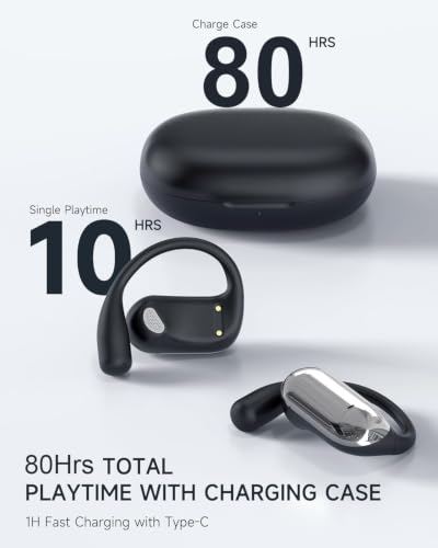 Image of Open Ear Earbuds - 80Hrs Playtime with LED Display,OWS Open Ear Headphones with Real Time Translation,IPX7 Waterproof & Touch Control,Over Ear Earbuds with Ergonomic Earhook for Running,Cycling,Sports