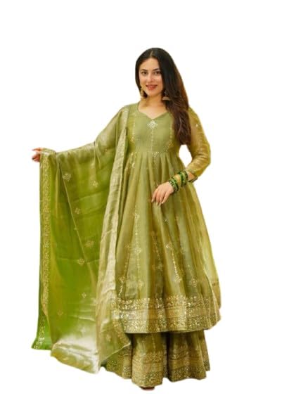 Image of Designer Heavy Crunchy Silk Anarkali Dress for Women | Fully Flared Embroidered Gown with Dupatta | Wedding