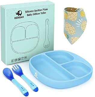 BEBOAN Silicone Divided Plate, Upgraded Non Slip Suction Plates,100% BPA-Free Feeding Dishes, Baby Toddler Plate Fits for Most High Chair (Blue)