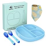 BEBOAN Baby Teller, Silikon Saugplatte Set für Baby Kleinkinder und Kinder, Baby Tischset mit Saugnäpfen und Löffel+Gabel+Lätzchen, Tragbar BPA-freie Babyteller (blau)