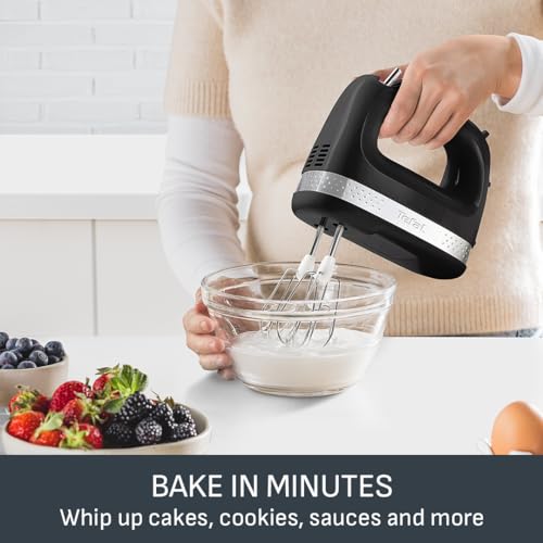 Tefal Black Collection Compact Electric Hand Mixer, 2 Speeds, 2 Stainless Steel whisks, 2 Emulsion Whisks, Baking, Cakes, Multifunction Kitchen Hand Mixer, Batter, 200W, Dishwasher Safe Parts HT2118G0