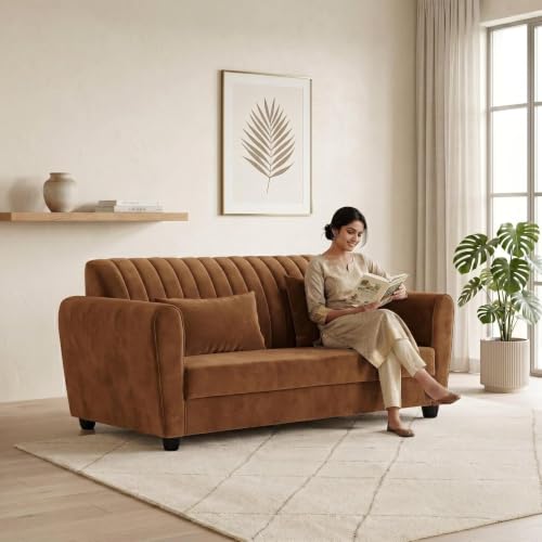 Image of Velvet 2 Seater Sofa, Chesterfield Tufted Sofa with Nailhead Trim, Rolled Arm Sofa with Wood Legs for Living Room & Office (Brown Color)