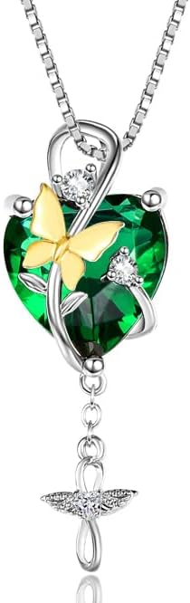 VANAODUC Birthstone Heart Cross Necklace for Women, butterfly Pendant 14K Gold /18K White Gold Womens Necklaces, Jewelry Anniversary Birthday Christmas Gifts for Her Mom Wife